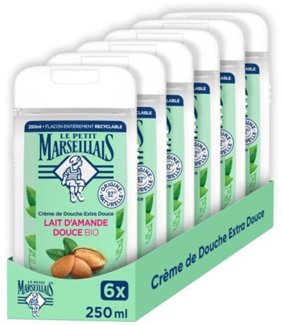 Le Petit Marseillais Crème de Douche Extra Douce Lait d'Amande Douce Bio (lot de 6 flacons de 250 ml) – Gel douche avec 92 % d'ingrédients d'origine naturelle – pH neutre pour la peau et sans colorant