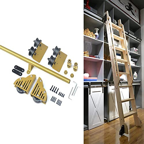 Rollleiter-Hardware-Bibliothek Schiebeleiter-Hardware-Kit (Keine Leiter) 3,3-20-Fuß-Gold-Rundschiene/Schiene + Verlängerungszubehör, für Zuhause/Innenbereich/Loft/Buchhandlung/Bücherregal (S