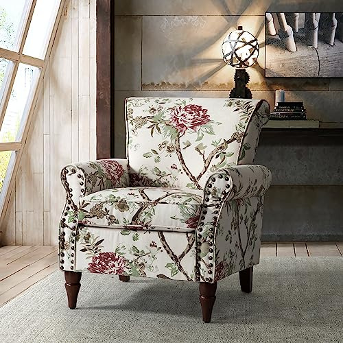 HULALA HOME Modern Wingback Accent Chair with Wood Legs & Removable Cushion, Comfy Upholstered Armchair with Nailhead Trim, Floral Pattern Sofa Chair for Bedroom Living Room, Floral