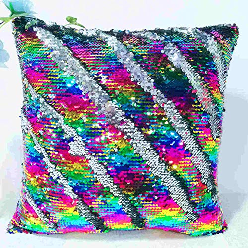 DUOBAO Rainbow to Silver Mermaid Sequin Pillow 20x20 Inch Flip Sequin Cases for Baby Magic Mermaid Sequins Reversible Sequence Pillows Covers for Bedroom Kitchen