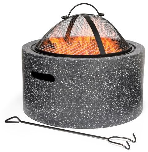 VonHaus Fire Pit – 2 in 1 Firepit with BBQ Cooking Grill for Outdoor, Garden, Patio – MgO Material, Stone Effect Finish, Fire Poker & Mesh Cover Included, Carry Handles – Use Wood or Charcoal to Fuel