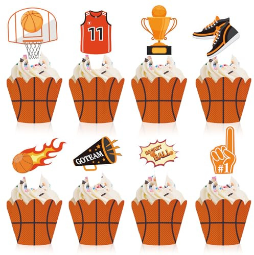 Lot de 48 décorations de cupcakes pour garçons et filles sur le thème du sport - Baskets de basket-ball - Motifs champions en jersey - Décoration de cupcakes pour enfants, anniversaire, fête