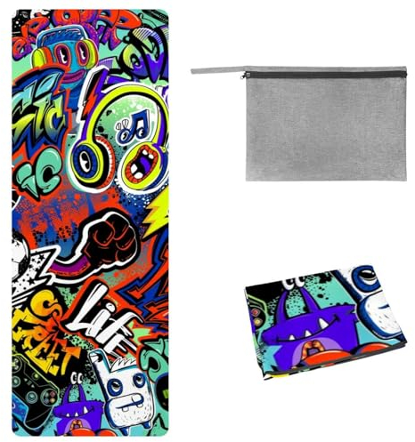 Eslifey Yoga-Handtuch, Grunge-Graffiti-Muster, rutschfest, schweißabsorbierend, Hot Yogamatte, Handtuch für Hot Yoga, Pilates und Fitness, 185 x 68 cm