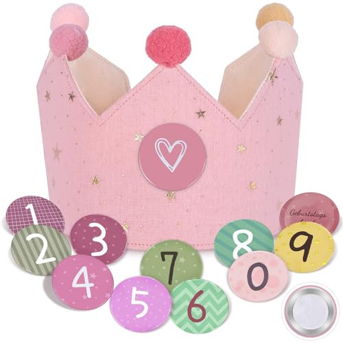 Thedttoy reversible corona de cumpleaños para niña, botones de velcro con números de 0 a 9, corona de cumpleaños reutilizable, decoración de fiesta sombreros corona de muselina