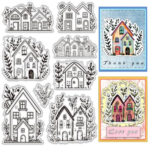 PH PandaHall House Theme Clear Stamps Set 8pcs Line Drawing Style Rubber Stamp Silicone Clear Stamps Reusable Transparent Stamps for Scrapbooking Journaling Card Making Album Photo Decoration