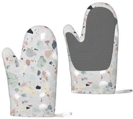 Terrazzo Marble Pastel Oven Mitts Set of 2 Heat Resistant Silicone Oven Gloves with Soft Lining Non-Slip Kitchen Cooking Mitt Long Waterproof Potholders Kitchen Essentials