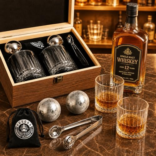 Whiskey Set Gifts for Men - Whisky Glass Set with 2 Large Stainless Steel Chilling Balls -Father's Day Anniversary Birthday Gifts for Men Dad Husband Him Boyfriend