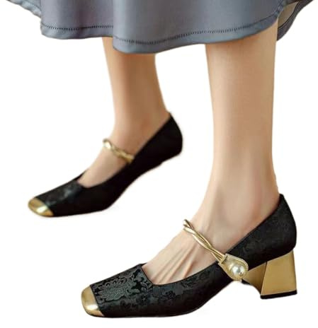 Zapatos de noche Mary Jane de primavera y verano con tacón medio grueso y tacón bajo con punta cuadrada zapatos de vestir clásicos para mujer (Negro,40)