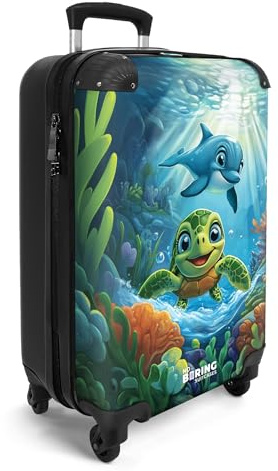 NoBoringSuitcases© Handgepäck Koffer Kinder Reisekoffer Kinderkoffer mit 4 | 55x35x20 cm - Rollen Leicht Cabin Trolley Hartschalenkoffer Flugzeug Schildkröte - Delfin - Ozean - Blau