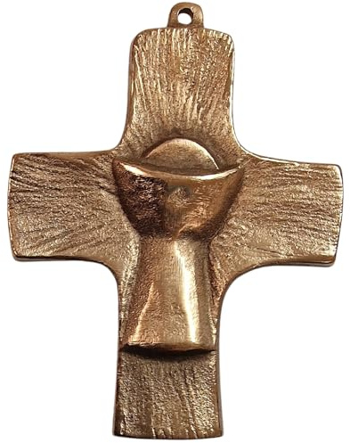 Herzmensch Kleines Kreuz massive Bronze gold 7 x 9 cm Kunsthandwerk v. Andrea Zrenner mit Kelch Motiv zum Aufhängen und Segnen als christliches Symbol