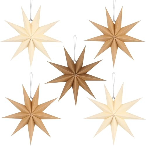5 Stück Papiersterne, 30cm Papier Stern Dekoration 9 Zacken Weihnachtssterne Neujahrsfest Christmas Decorations für Weihnachts Hochzeit Geburtstag Tischdeko (5pcs/beige, Brown, Dark Brown)