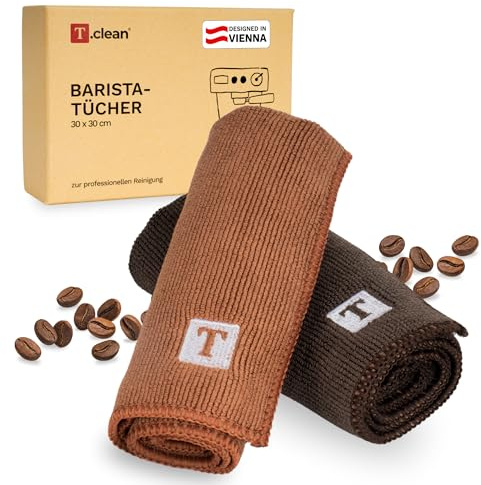 T.clean® Barista Tuch Set (2 Stück) Reinigungstücher für Siebträgermaschine & Milchaufschäumer 30 x 30 cm - mit Karabiner zum Aufhängen
