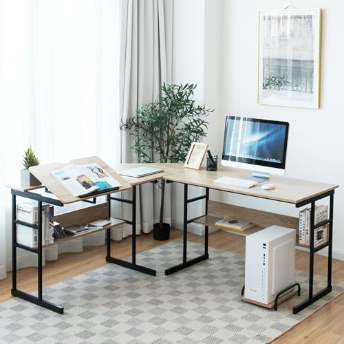 COSTWAY Escritorio Esquinero 170+150cm, Escritorio L con 2 Formas Divididas, Mesa de Dibujo Inclinable, Mesa Gaming L Grande con 2 Estantes Inferiores y Soporte, Oficina (Natural)
