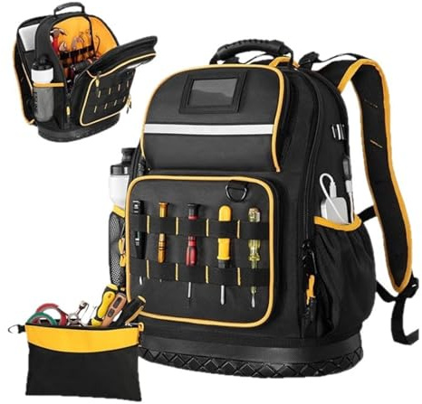 YWBL-WH Tool Backpack Organizer, Heavy Duty Oxford Fabric Multiple Pockets Laptop Sleeve USB Port Rubber Bottom for Construction Work Electricians Black 1 Pack