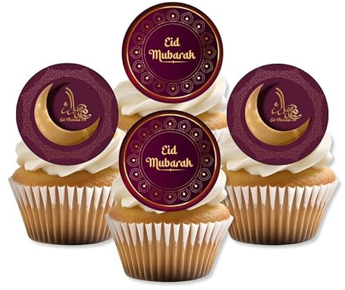 Eid Mubarak Edible Cupcake Toppers | PRECUT Dark Red Gold Islamic Cake Decorations