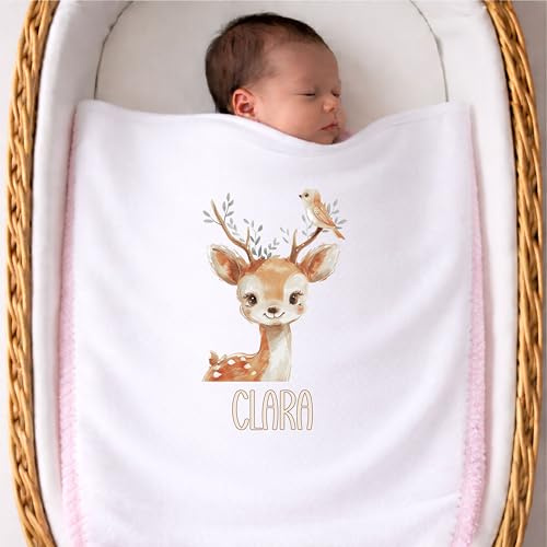 wolga-kreativ Personalisierte Babydecke mit Namen Deluxe Pluesch Kuscheldecke mit Tiermotiven Fuchs REH Loewe Bedruckt sehr weich hochwertige Kinderdecke als Geschenk zur Geburt Taufe Fuer Babys
