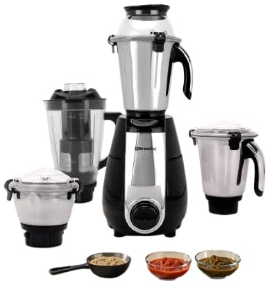 Brewine Tora Mix 1000W Heavy-Duty Copper Motor Mixer Grinder 4 Versatile Jars (Juicer Jar with Filter) Powerful Motor for Dosa Batter, Chutney & Masala Grinding, Secure Lid Lock | Classic Black Colour