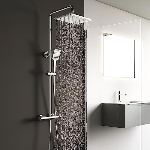 KOMIRO Duschsystem mit Thermostat, Duscharmatur mit thermostat, Regendusche mit Armatur, Duschkopf mit Schlauch und Edelstahl Höheverstellbarer Duschstange Duschset, Eckig, Chrom