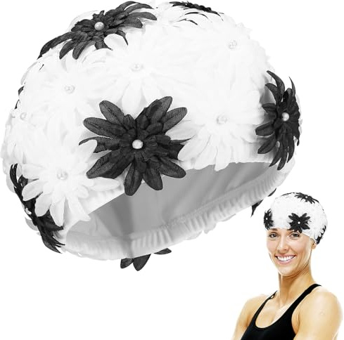 MAGICLULU Gorro de Baño para Mujer y Niña, Doble Capa Diseño de Flores Huecas de Perlas, Nylon Transpirable y Elástico, para Natación, Surf y Actividades Acuáticas al Aire Libre