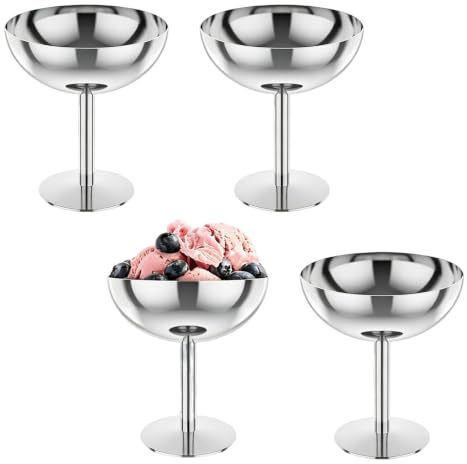 DBAATTZ 4 stycken isbägare, isskålar glassbägare med hög fot, dessertglas med fot för servering av glass, pudding och frukt, dessertskålar av 304 rostfritt stål i silver