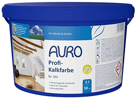 AURO Profi-Kalkfarbe Nr. 344 - 5 Liter dampfdiffusionsoffen, Vorbeugung gegen Schimmelbefall, geruchsabsorbierend, gute Haftung auf mineralischen Untergründen (Raufaser, Gipskartonplatten oder Lehm)