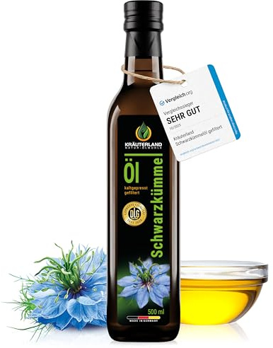 Kräuterland Schwarzkümmelöl kaltgepresst gefiltert 500ml in glasflasche | 100% Nigella Sativa, hoher Thymochinongehalt, ohne Konservierungsstoffe & Aromen, nativ, vegan, mühlenfrisch & unraffiniert