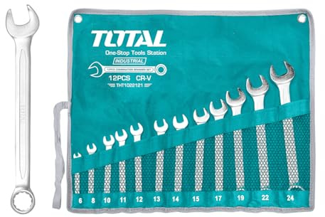 TOTAL - Bolsa con 12 Llaves Combinadas | Medidas de 6 a 24 mm | Llave Fija y Llave Acodada | Para Apretar o Aflojar Tuercas y Tornillos de Cabeza Hexagonal | Fabricadas en Cromo Vanadio