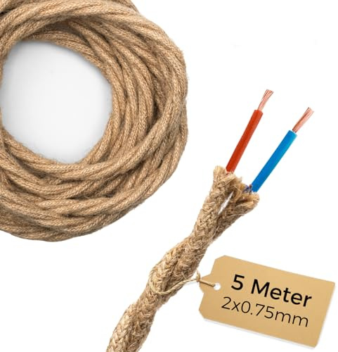 DiCUNO 5 Metros de cable textil de lino vintage, 2 conductores de 0,75mm² de cable eléctrico retro tejido flexible, Cuerda tejida industrial para colgar y proyecto de bricolaje