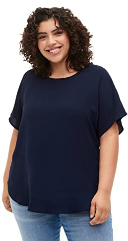 Zizzi Stora storlekar, Kläder Dam, Kortärmad Blus med Rund Hals, Marinblå Blazer, 50-52 Plus Size