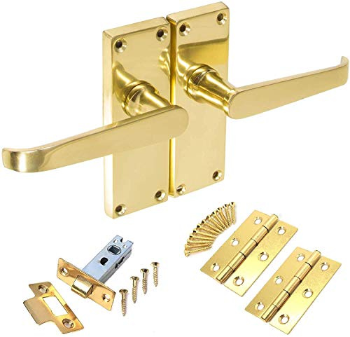 Jiyo.Outdoor Brass Latch Door Handle Set 120mm x 40mm, Polished Brass | Supplied with spindle, screws and hinges for quick fitting; features a straight Victorian design on a metal backplate.