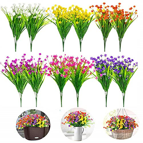 Siganorpy 12 Bundles of 6 Colors Artificial Flowers Outdoor UV Resistant Shrubs Plants for Hanging Planter Home Wedding Porch Window Decor