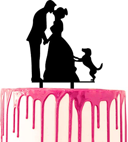 CARISPIBET wedding cake toppers couple kissing with a little dog by their side acrylic silhouette