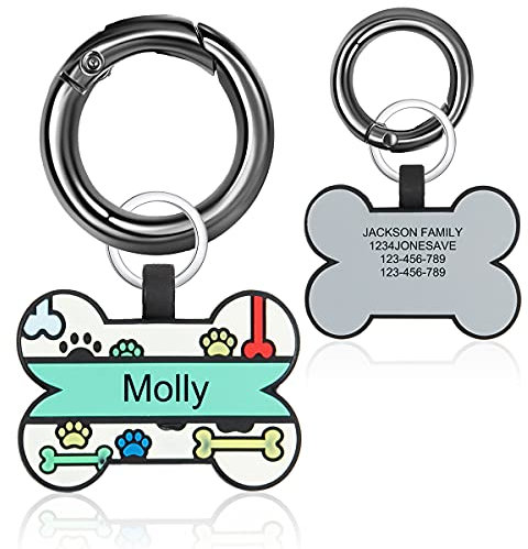 Personalisierbare Hundemarke mit Knochenmotiv, graviert für Haustier mit Pfote, Silikon, personalisierbar, doppelseitig, graviert, 38 x 27 mm