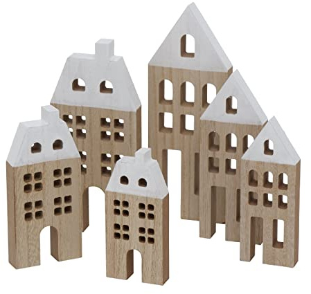 BOLTZE 6 x Dekohaus Towny Holz Höhe 15-23,5 cm Natur Holzhaus Häuschen