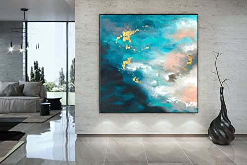 Ölbilder Auf Leinwand Handgemalt,Moderne Landschaft Acrylmalerei Blaue Wolkenkunst Leinwand Malerei Abstrakte Kunst Große Malerei Wandkunst Für Küche Esszimmer Büro Wandmalerei, 40X40Cm (16X16In