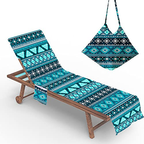 Morbuy Liegestuhl Handtuch mit Taschen, Strandtuch für Liegen, Geometrie Streifen Strandliegen Handtuch Mikrofaser Leicht Strandtuch für Schwimmbäder, Strände, Gartenhotels (73x210cm,Blaugrün)