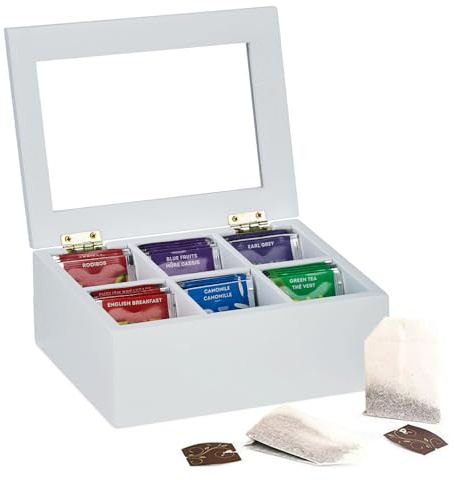 VIRSUS Scatola Porta Bustine Tè di colore Bianco, misure 23x17x7,5 cm, porta Tisane in Legno a 6 scomparti, Coperchio con Finestra Trasparente, Cofanetto Organizer per cucina -558C