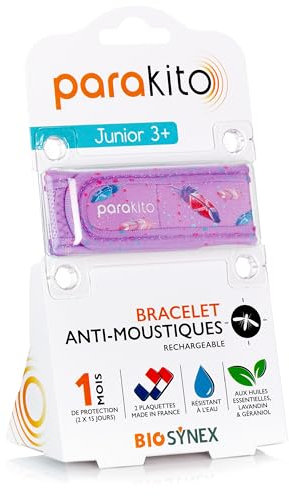 PARAKITO - Bracelet Anti-Moustiques Réutilisable - 2 Plaquettes Incluses aux Huiles Essentielles - 1 Mois de Protection - Sans DEET - Taille Junior 3+ (Plumes)