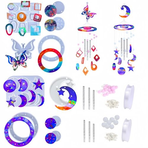 Accfore Lot de 2 moules en silicone pour carillons éoliens, papillons, lunes, cadeaux pour femme, maison, jardin, terrasse, décoration extérieure (papillon et soleil)