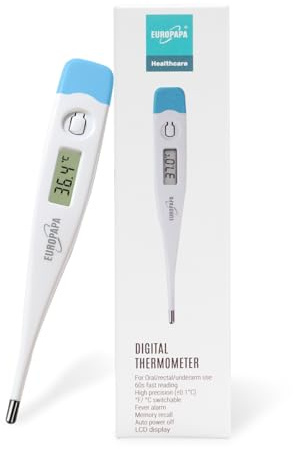 EUROPAPA Digitales Fieberthermometer für Babys, Kinder und Erwachsene, Thermometer für oral, axillar oder rektal, wasserdicht mit Fieberalarm (Hellblau)
