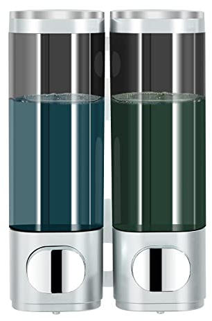 modunful Dispensador Jabon Baño Pared 2 Cámaras, Dispensador Gel y Champu Ducha, Dispensador de Botellas de Recargable, Sin Taladro, para Cocina, Hoteles Comercial, Plateado