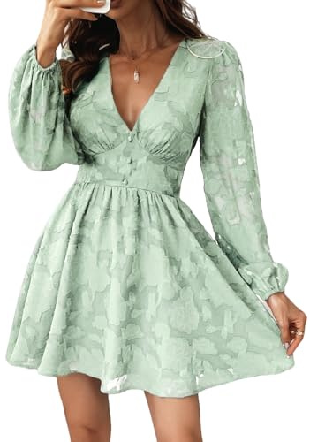CUPSHE Robe courte en dentelle à manches longues, coupe patineuse moulante, imprimé floral, vert clair, M