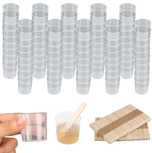 100 Pièces Résine époxy Transparent Doseurs, 30ml Mini Verre Doseur Plastique avec 100 Bâtonnets en Bois, Gradué Tasses Transparent pour Mélanger La Résine, La Peinture, L'époxy et La Peinture
