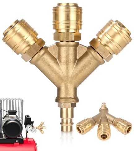TIDEVAN Distributeur D'air Comprimé 3 Voies,1/4 Pouce Connecteur d'air Comprimé Distributeur d’air en Y en Laiton NW 7.2 en Laiton Antirouille Enfichable Tuyau