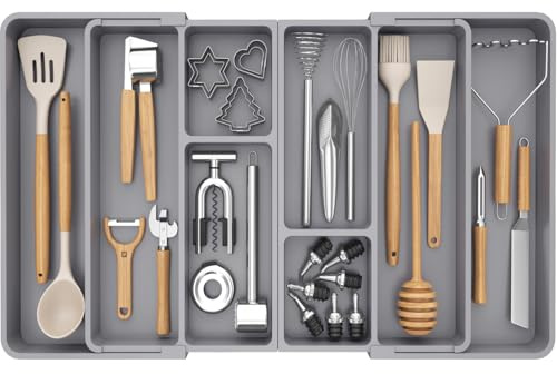 Lifewit Organizador de Cajones de Utensilios, Organizador Cubiertos Expandible para Cocina, Soporte de Cubiertos Ajustable para Cajon, Profundidad de 42 cm, Ampliable a 91 cm, Lote 1, Negro