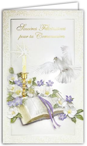 19-642 kort med kuvert uppriktiga grattis till din nattvard pojke flicka kristen flicka katolsk öppen bibel tomteljus duva blommor traditionell illustration - tillverkad i Europa