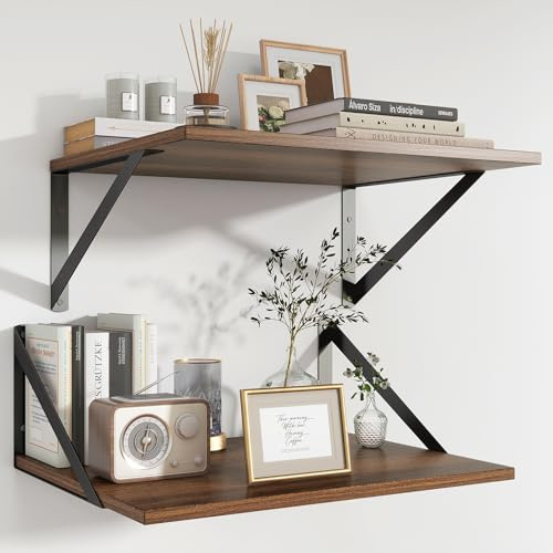 Feihorrm 2er Set Wandregal, Regal Wand 40 x 30 cm, Walnuss Regal, Holzregal | Wandregal Holz mit Metallhalterung, Regale für Wohnzimmer, Badezimmer, Küche, Arbeitszimmer, Schlafzimmer