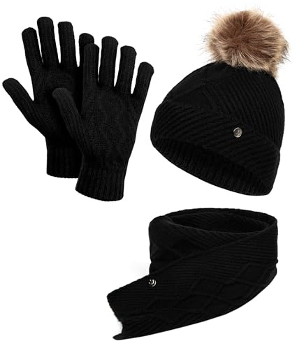 HEYO Damen Mütze Schal Handschuhe, Winter-Accessoires Set, Strickmütze mit Bommel HZ0012 (Schwarz)