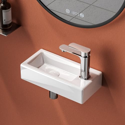 EMKE Waschbecken 37 x 17,8 x 9,5 cm, Klein Handwaschbecken Weiß, Hängewaschbecken für Gäste-WC und Badezimmer, Wasserhahn Rechts, Waschschale Wandmontage