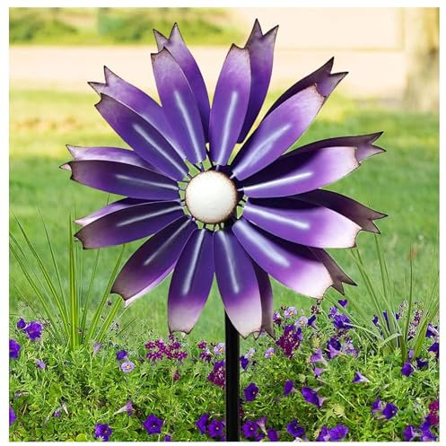 Windräder für den Garten, 149 cm, Windmühlen mit 360°-Drehung und Zwei Rotoren für den Außenbereich, Garten, Rasen, Hof, Lila